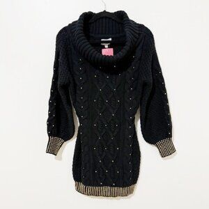 L'Atiste by Amy Black Cable Knit Gold Studded Sweater Dress Cowl Neck Size M NWT